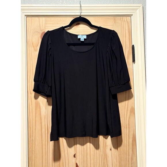 CeCe Top Womens Size Large Black Puffer Sleeve Polyester Round Neck Blouse Work - Picture 1 of 4